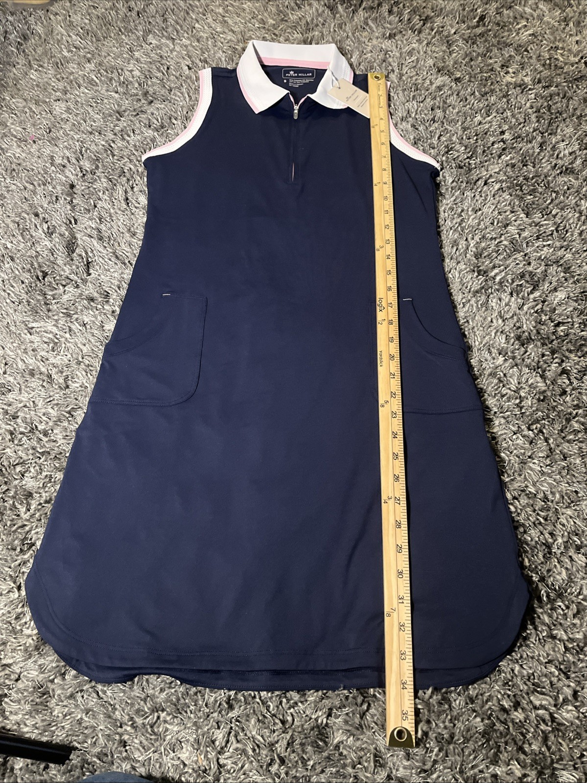 NWT Peter Millar Polo Dress 1/4 Zip Small Navy Blue-White Pink Trim Golf Tennis
