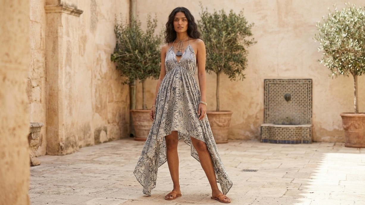 Paani Boho Paisley Floral Halter Maxi Dress Gray Blue Tassel Size M Beach Cruise