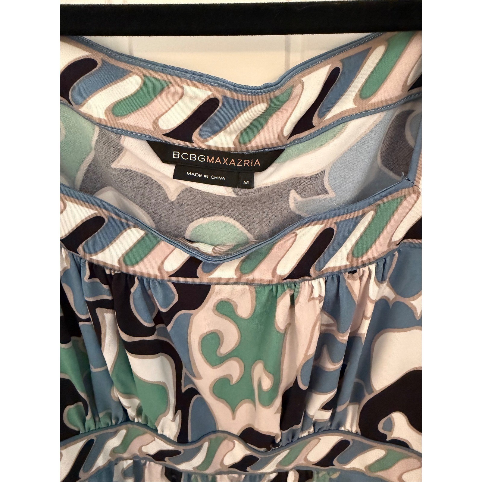 BCBGMAXAZRIA Blue Abstract Scroll Print Empire Waist Tunic Mini Dress Womens M