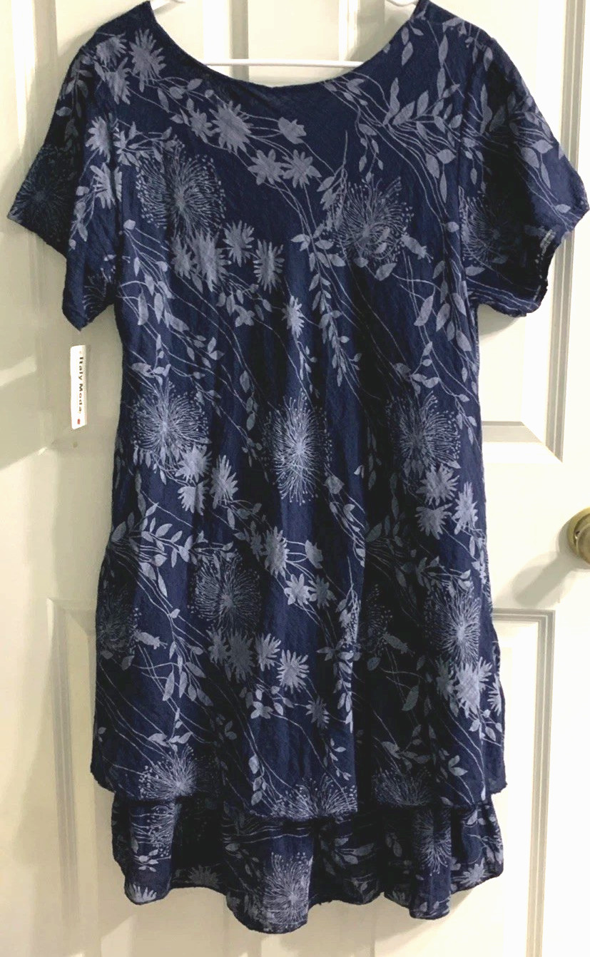 NEW Dress LARGE Pullover Layered Hem Textured Fabric Blue Floral ITALY MODA