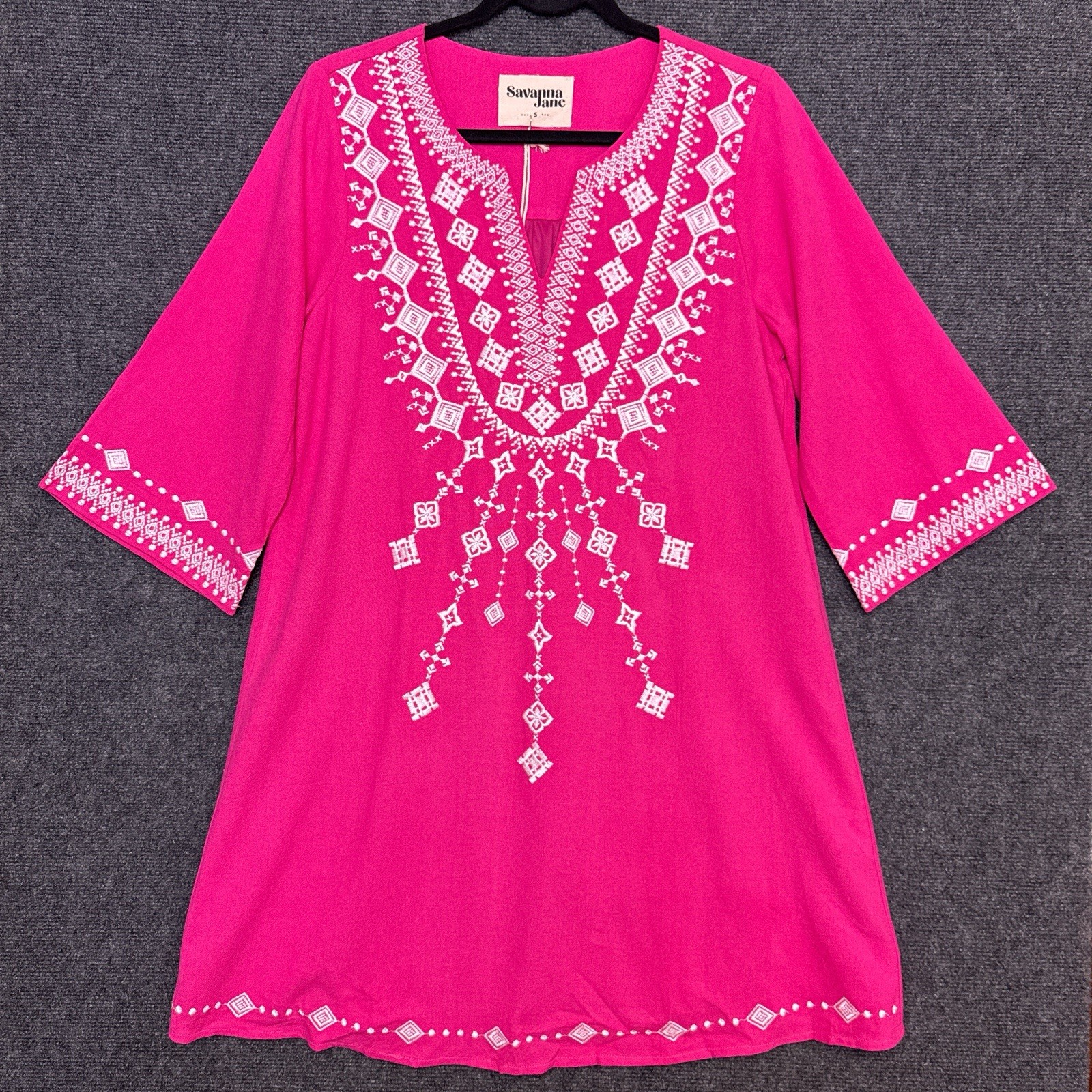 NWT Savanna Jane Women’s Tunic Shift Dress S Pink White Embroidery Boho Travel