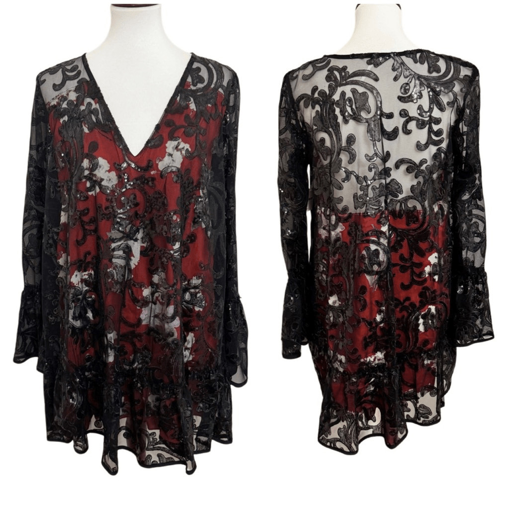 Free People Falling Flowers Frock Mini Dress Red Black Sequins Oversized Size XS