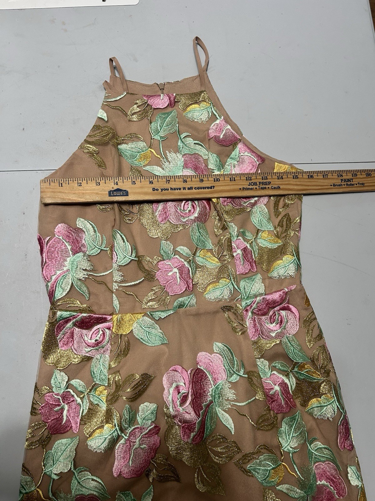Dress The Population Floral Halter Sheath Dress Beige Tan Green Pink Size Medium
