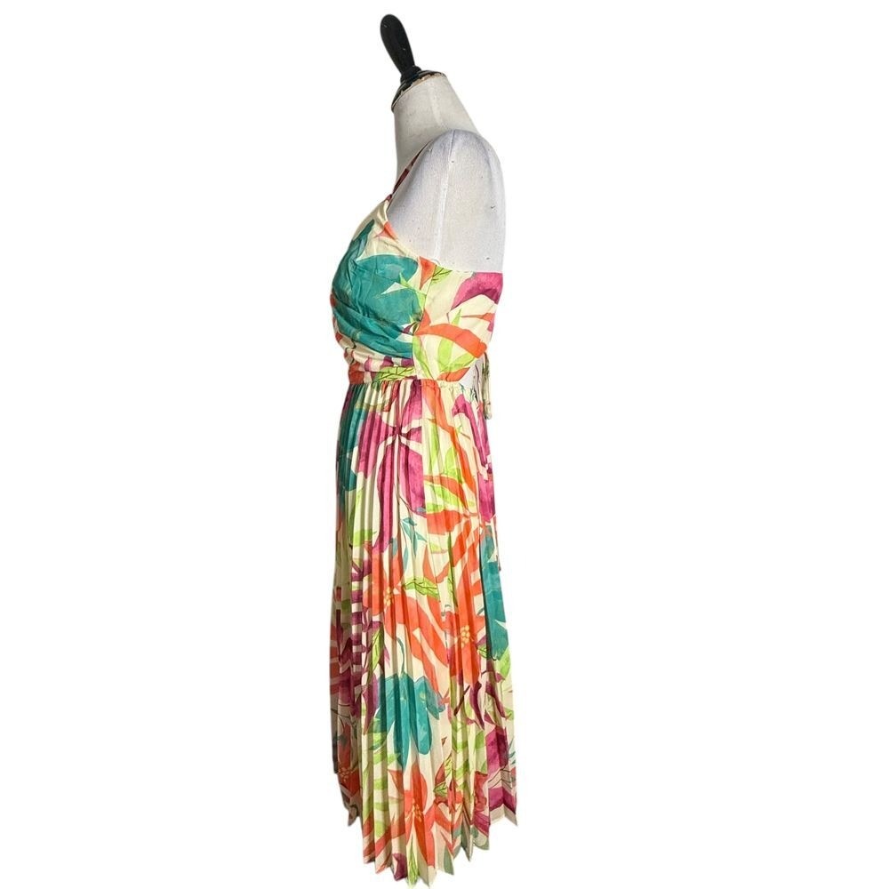 Flying Tomato Tropical Print Pleated Midi Dress Size S Open Back Vacation Beach