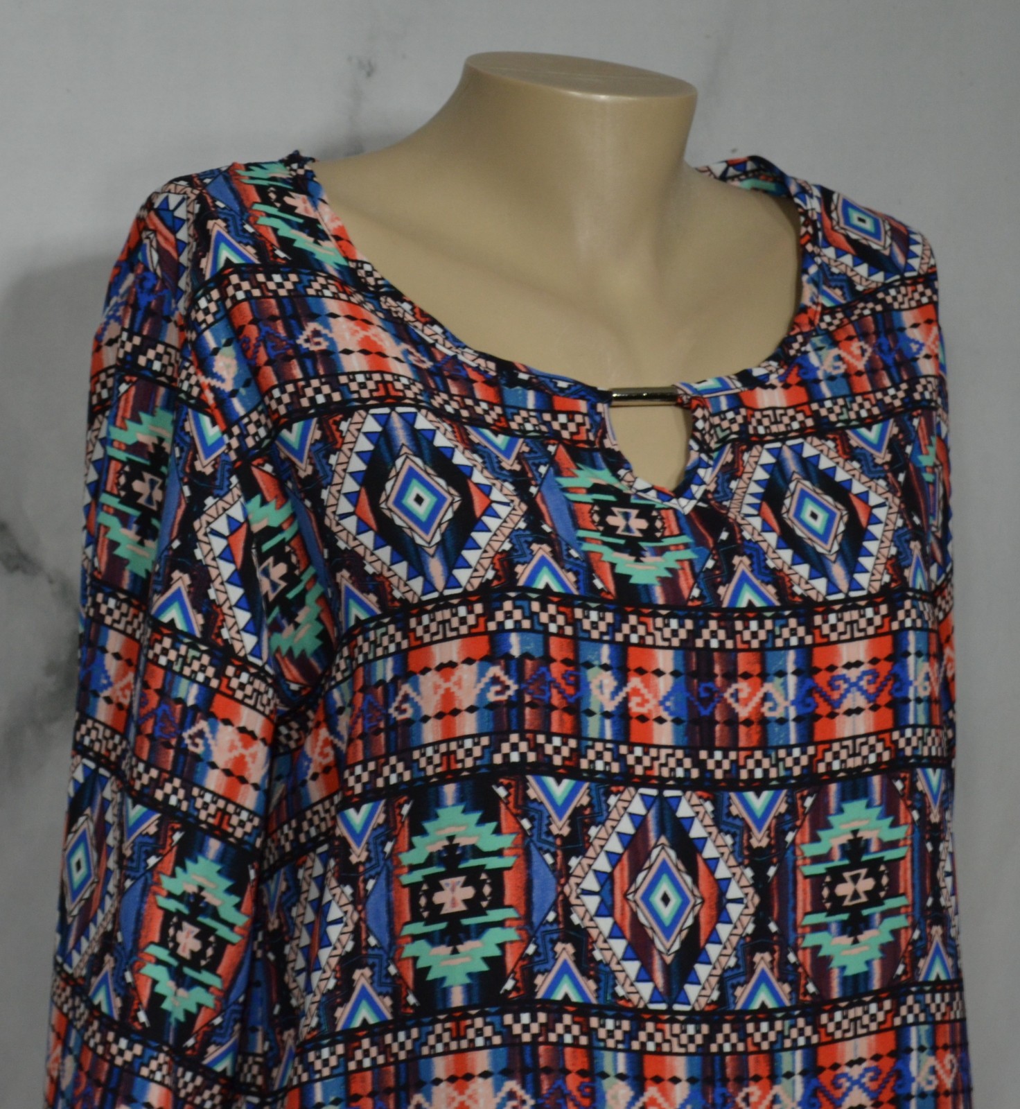ESPRESSO Black Multicolor Patterned Dress Medium 3/4 Flared Sleeve Metal Accent