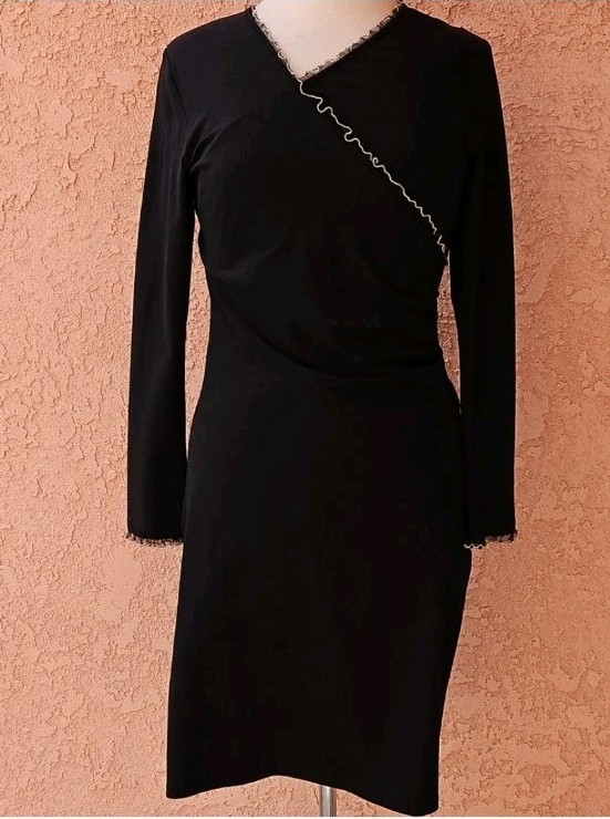 Anne Fontaine Black Silver Piping Wrapped Mini Dress Long Sleeve Size 40/ Small
