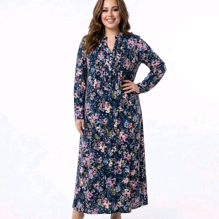 Cotton Traders Floral Midi Dress UK 18 Blue Pink Long Sleeve Boho Tea Dress
