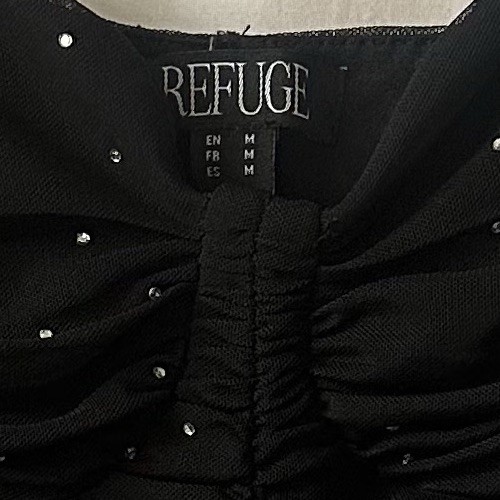 Refuge Black Rhinestone Ruched Mesh Mini Dress Women’s Y2K Bodycon Party Club M
