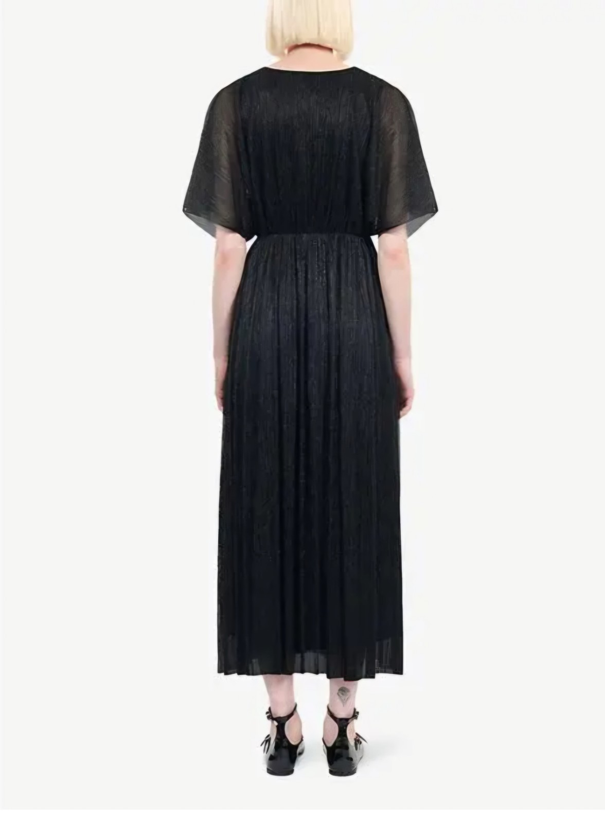 NWT The Kooples Black Lurex Jersey V-Neck Short Sleeve Pleated Maxi Dress Size 1