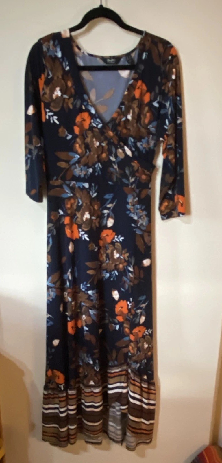 Du Jour Women’s Floral Striped Maxi Dress Navy Brown Orange V-Neck 3/4 Sleeve L