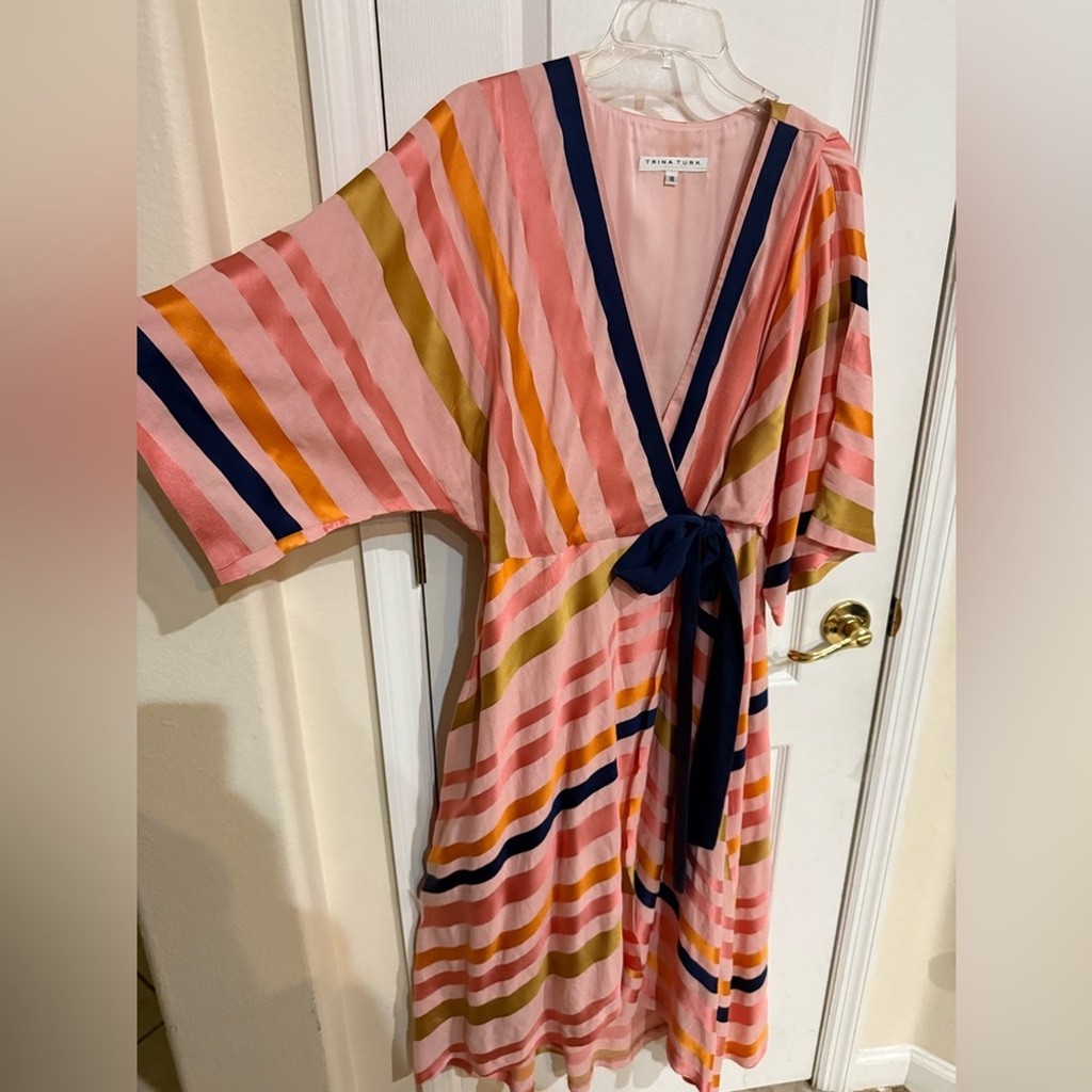 Trina Turk Peach Multicolor Striped Wrap Dress 16
