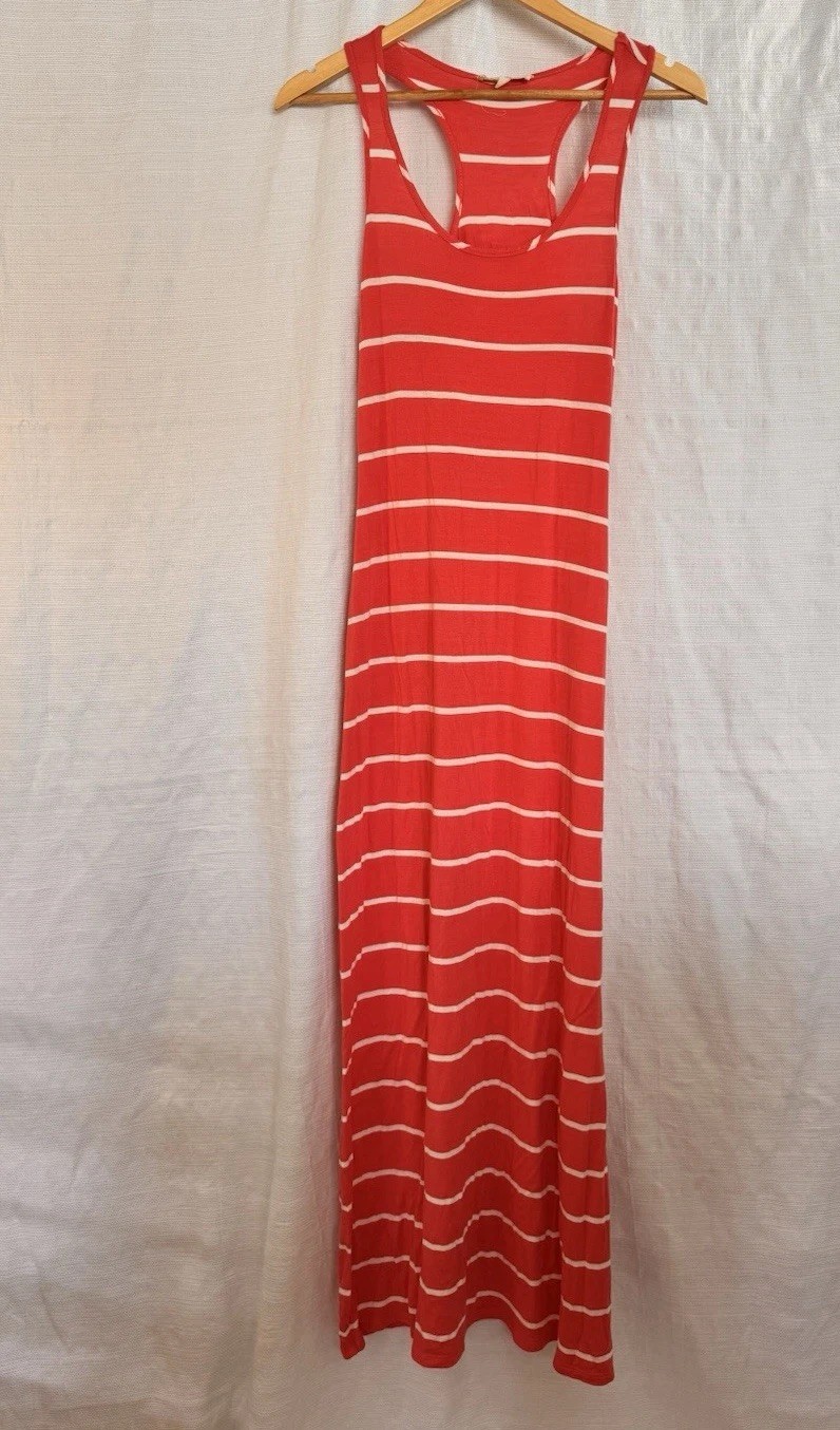 Pink Rose Women’s M Coral/White Striped Scoop Neck Racerback Knit Stretch Maxi