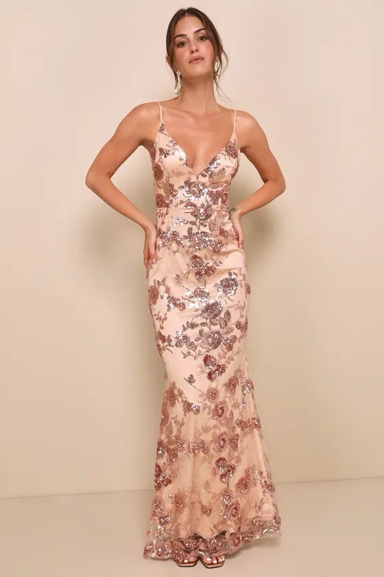 Lulus Beige/Rose Gold Sequin Floral Strappy V-Neck Long Gown Dress XS