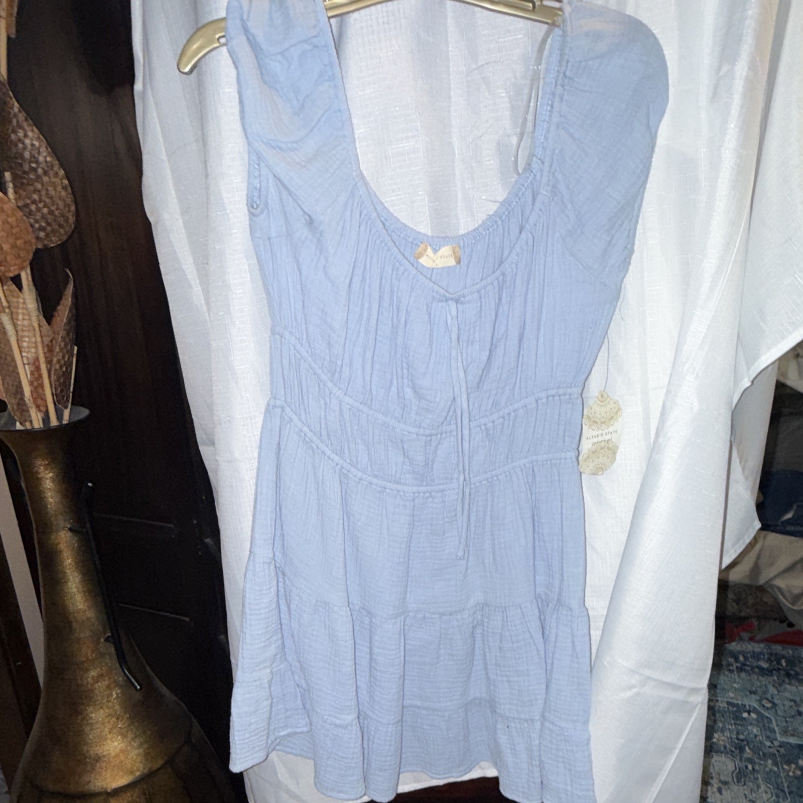 Altar’d State Women’s L Short Sleeveless Scoop Neck A-Line Tiered Ruffle Blue