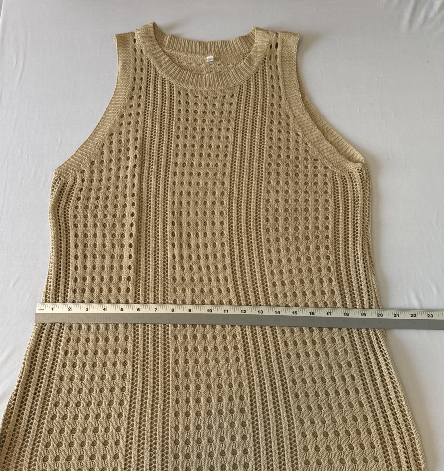 Resortwear Crochet Open Knit Sleeveless Maxi Dress Cover Up XL Tan Beach Boho