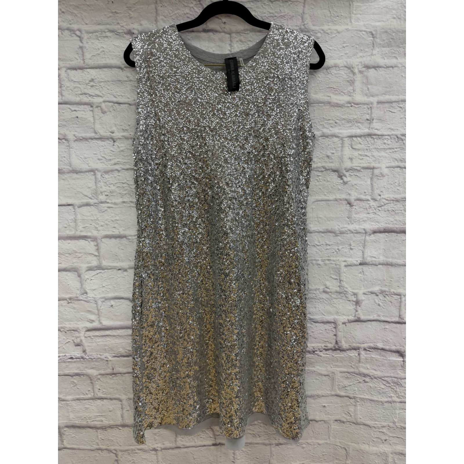 Norma Kamali Silver Sequined Mini Dress Sleeveless Shift Party Glam Womens M/38
