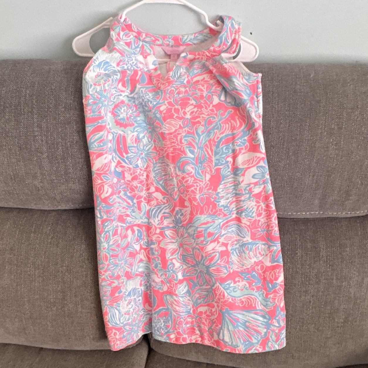 Lilly Pulitzer Pink Blue White Abstract Shift Dress Bow Round Neck Short S