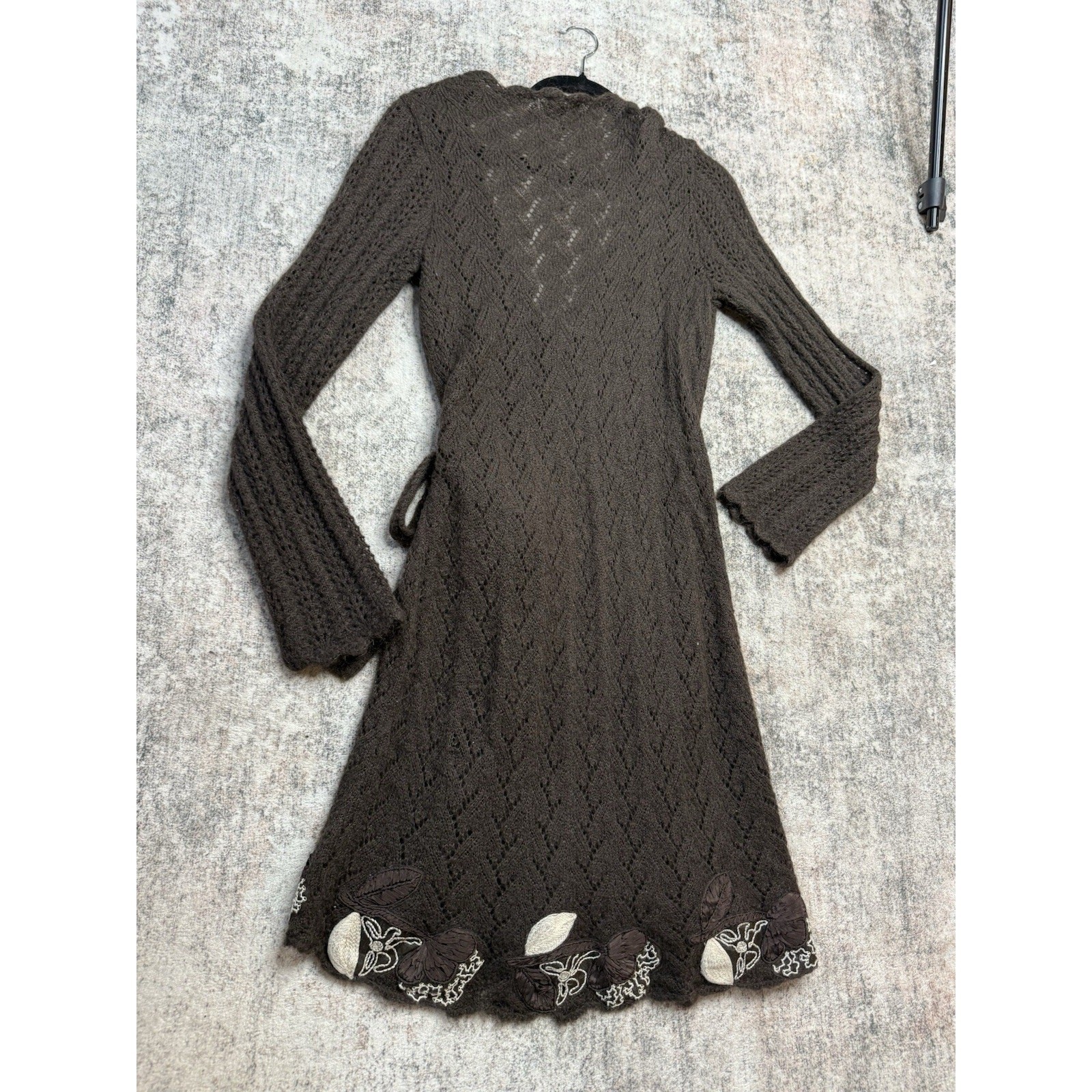 Wrap Longline Cardigan M Wrap Dress Mohair Brown Embroidered Open Knit Boho