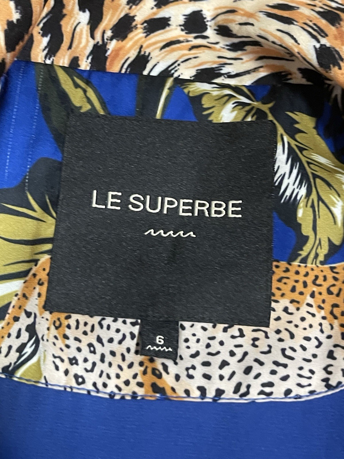 Le Superbe “Moonshadows” Cobalt Blue Jungle Animal Print Wrap Mini Dress Sz 6