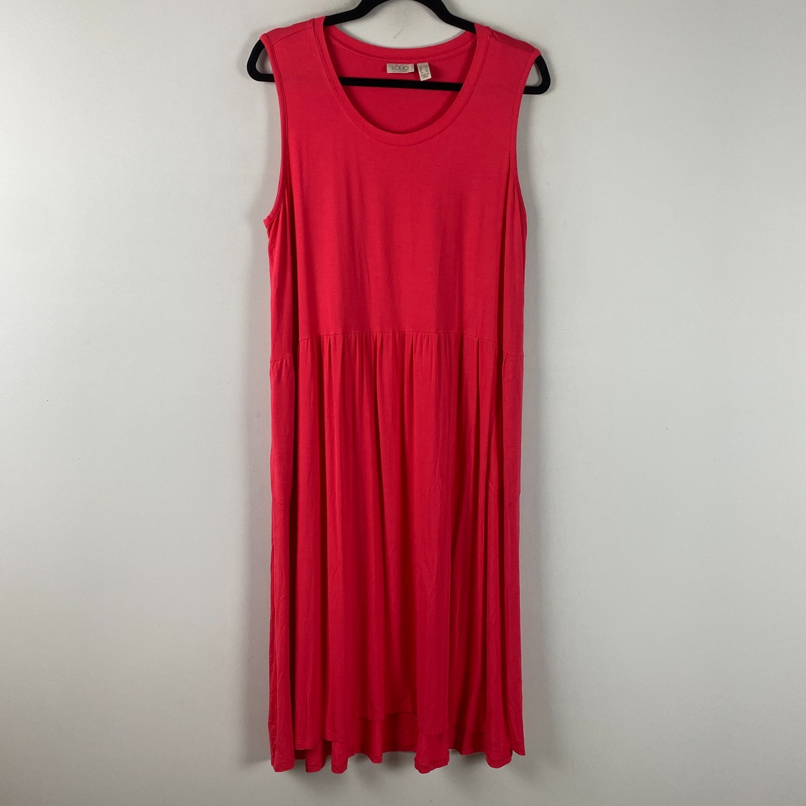 LOGO by Lori Goldstein Rayon 230 Dress Size Large Coral Pink Pockets Hi Low Hem