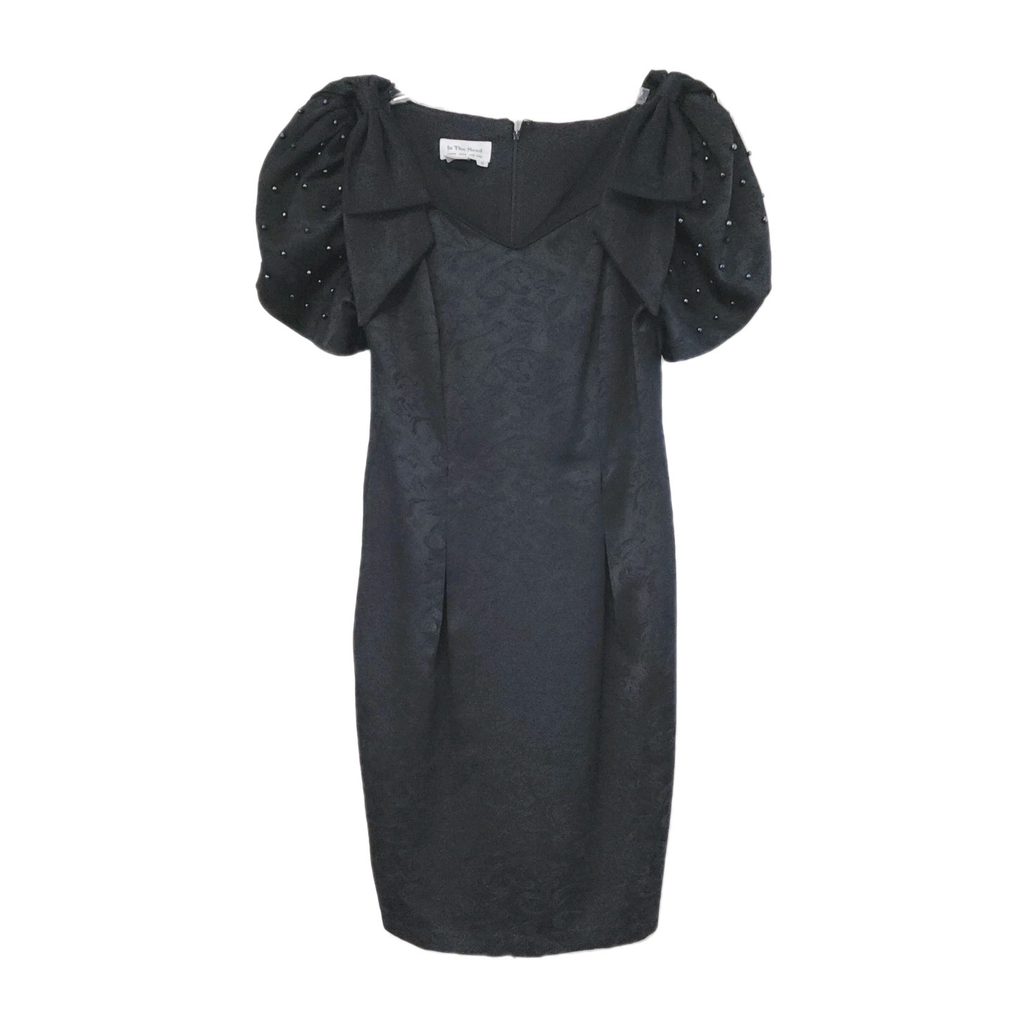 In The Mood Black Dress LBD Party Cocktail Beaded Puff Sleeve 80s Sz 8 Vtg