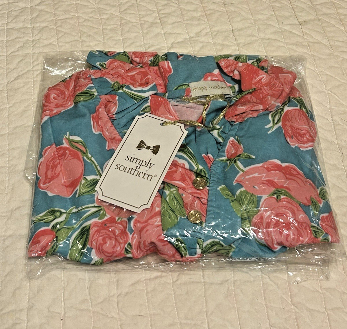 Simply Southern Pursuit of Preppiness L Dress Turquoise Pink Roses Beach Collar