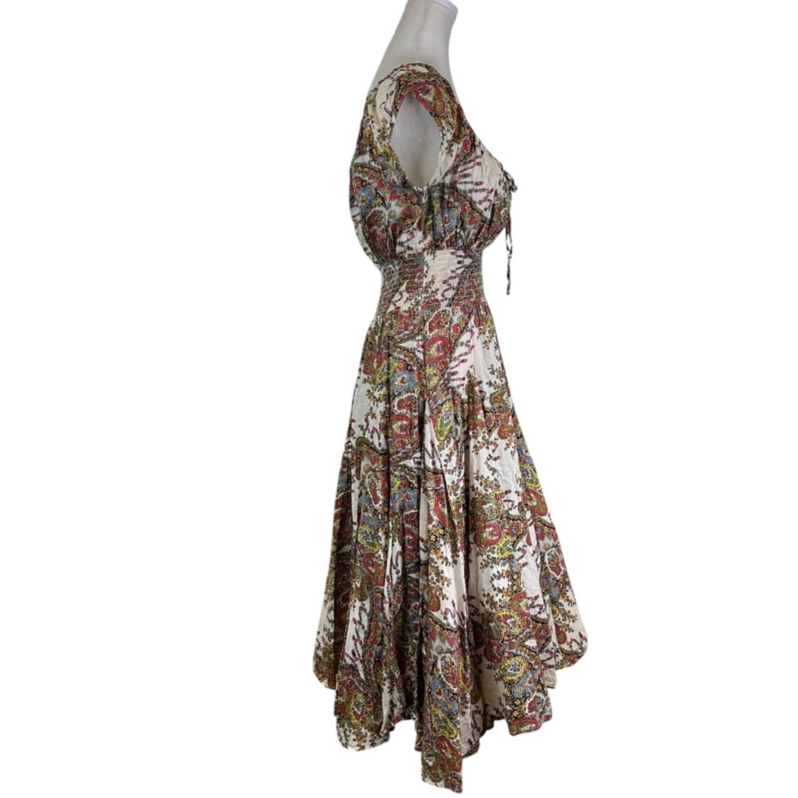Grace Paisley Cotton Bohemian Peasant Dress Smocked Waist Size Medium