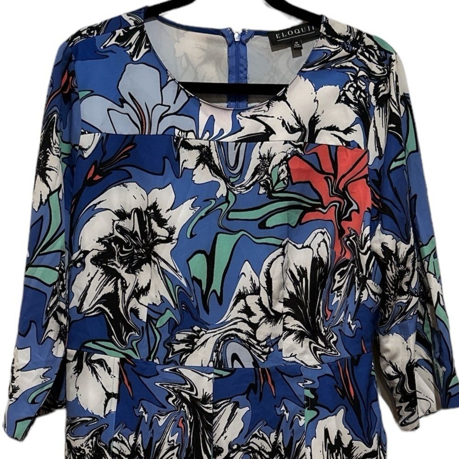 ELOQUII FLORAL BOHO LONG SLEEVE ROUND CREW NECK BLUE GREEN WHITE DRESS 14