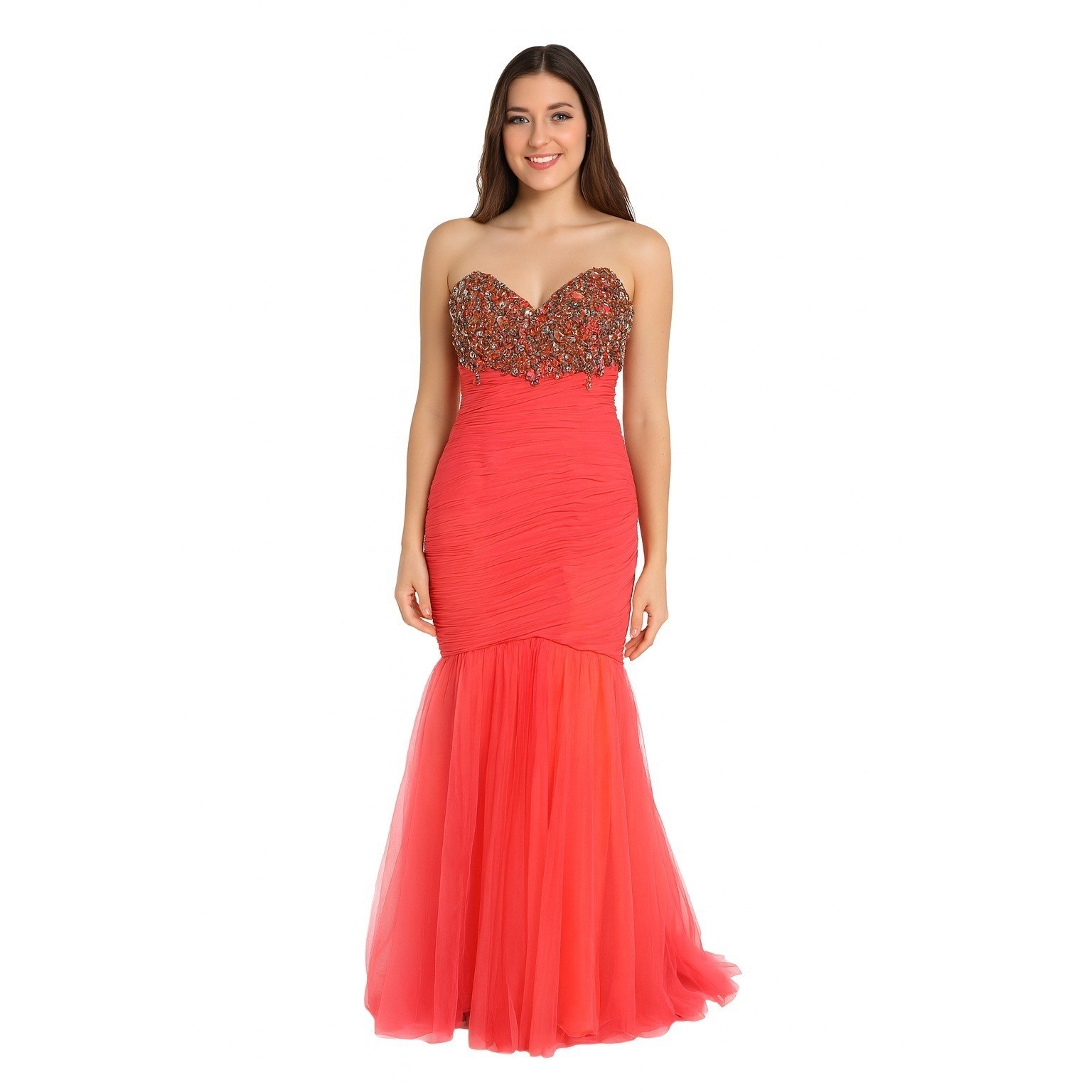 Cassandra Stone Coral Jeweled Sweetheart Mermaid Formal Gown Dress Strapless 4