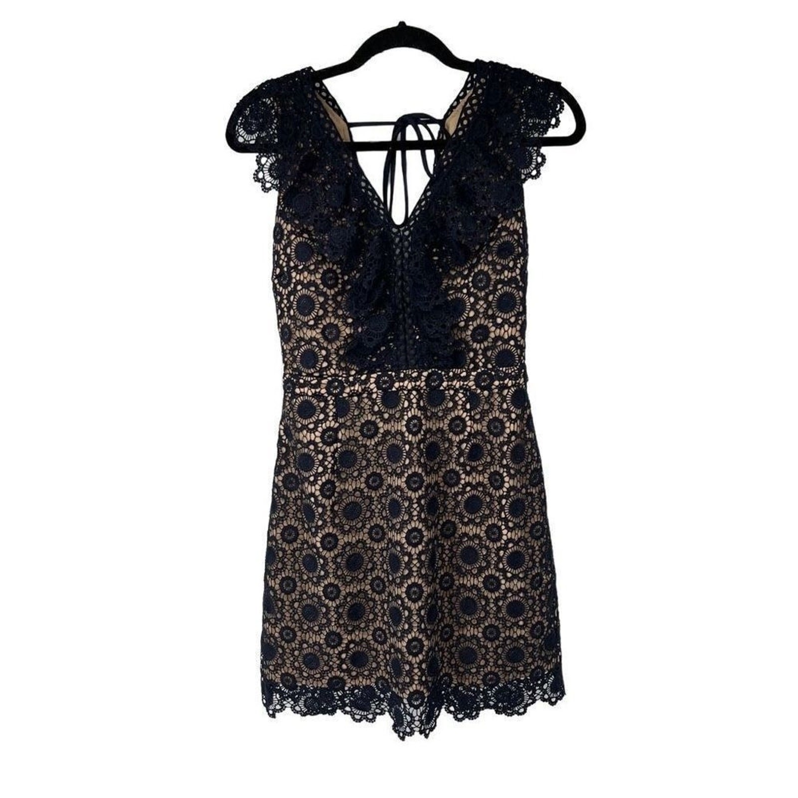 J.O.A. Navy Blue Tan Crochet‎ Lace Open Back Dress Womens M