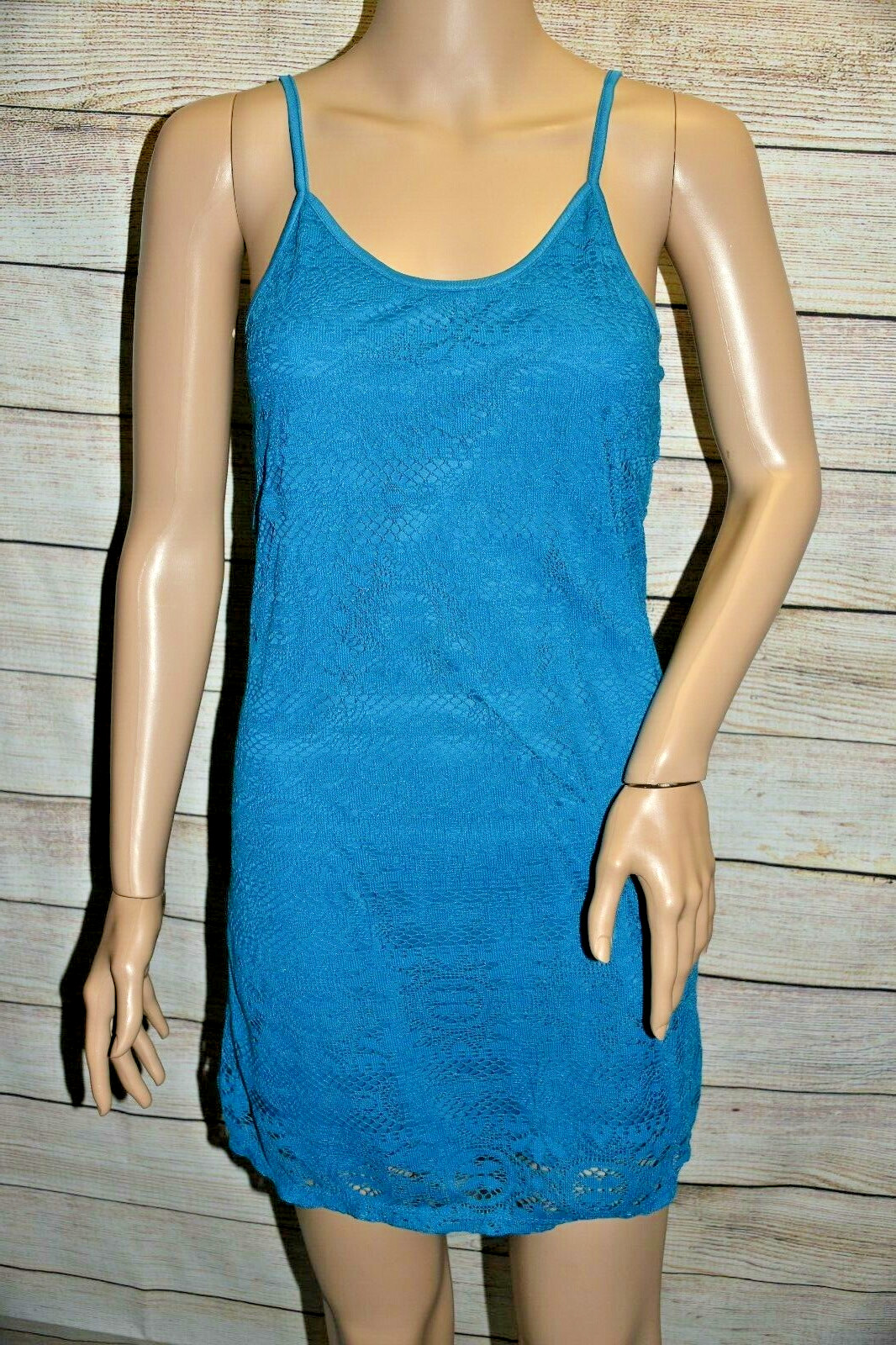 NWT LOVE FIRE L BLUE CROCHET FLORAL LACE OVERLAY SHIFT MINI CAMI TANK DRESS