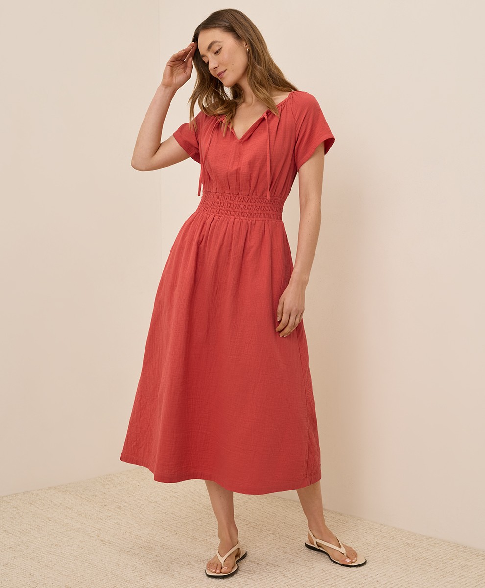 Pact Women’s Coastal Double Gauze Boho Midi Dress X-Large Kumquat Color