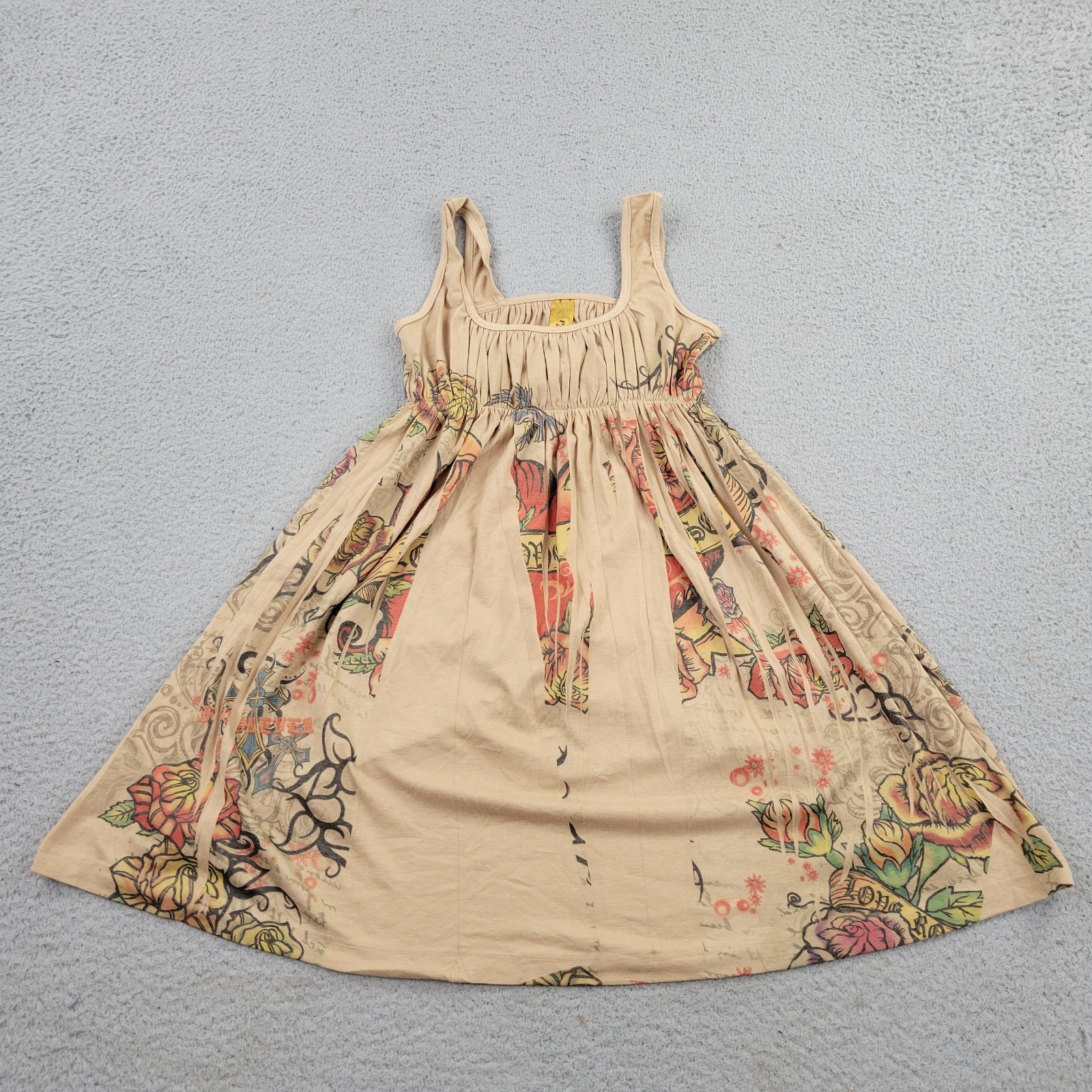 Press Apparel Dress Womens Medium Beige Square Neck Love Rose Graphic Sleeveless