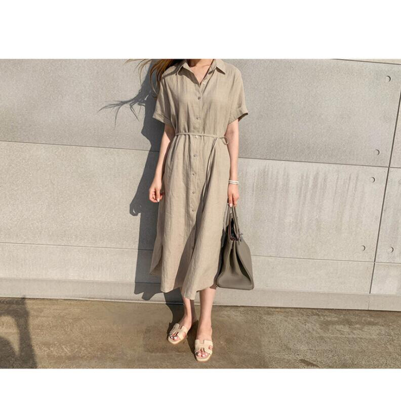 Lady Summer Casual Button-Down Shirt Dress Cotton Linen Long Tunic Beach Kaftan