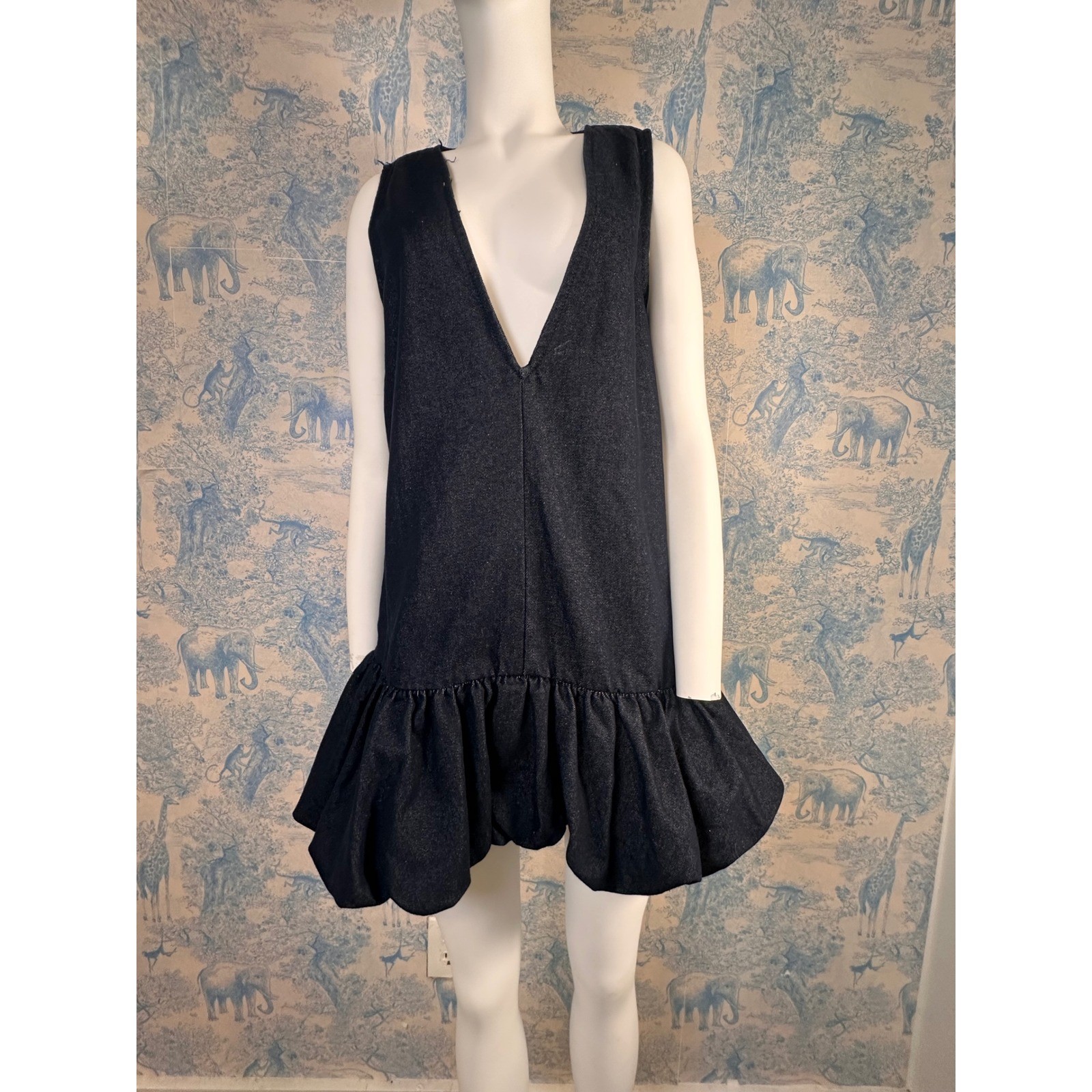 Dark Denim Bubble Hem Mini Dress Sleeveless Deep V-Neck Drop Waist Balloon Dress