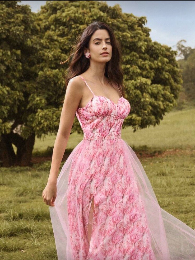Romantic Pink Floral Tulle Maxi Dress Garden Party Prom Wedding Guest Gown S