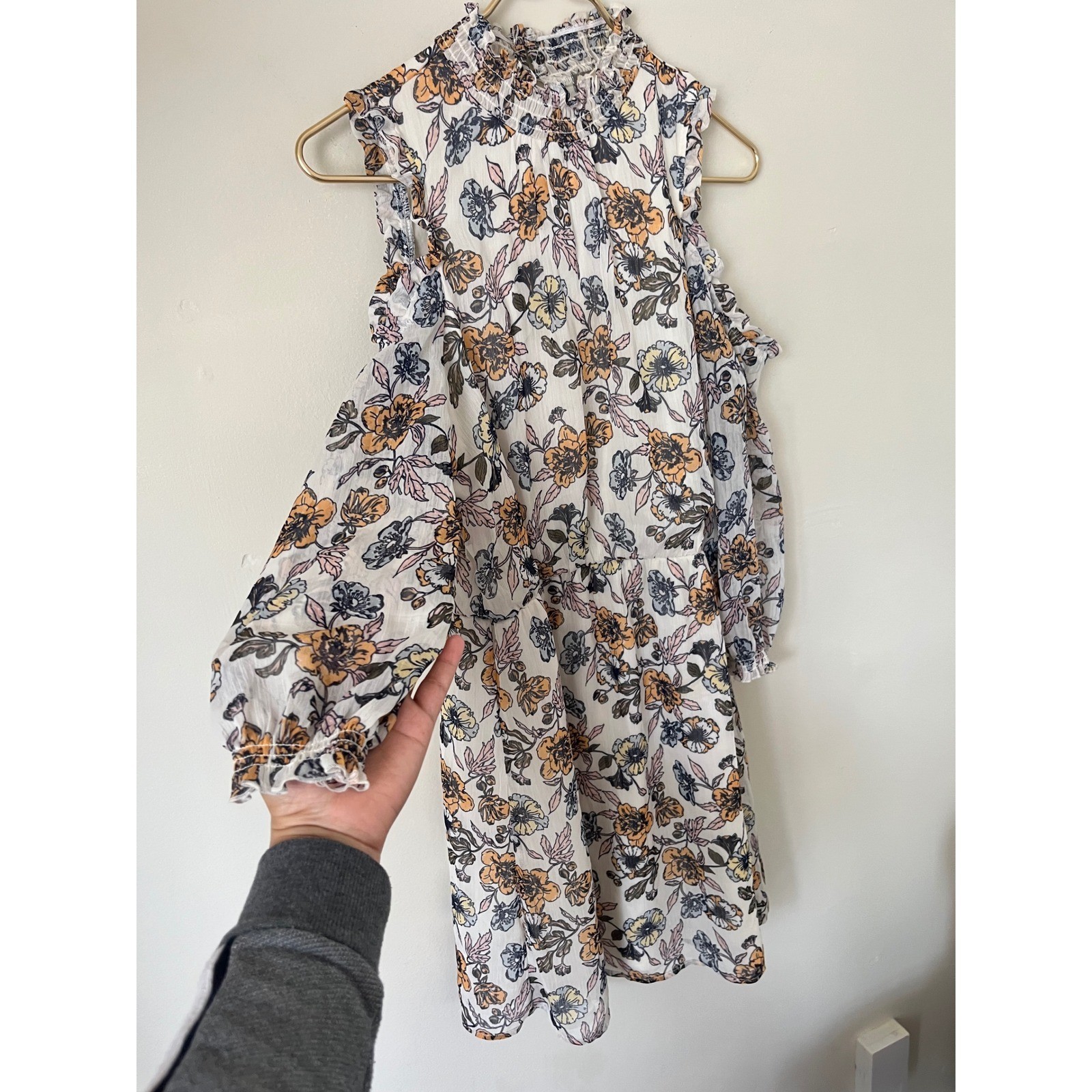 Eyeshadow Floral Cold Shoulder Mini Dress White Orange Blue Mock Neck Large