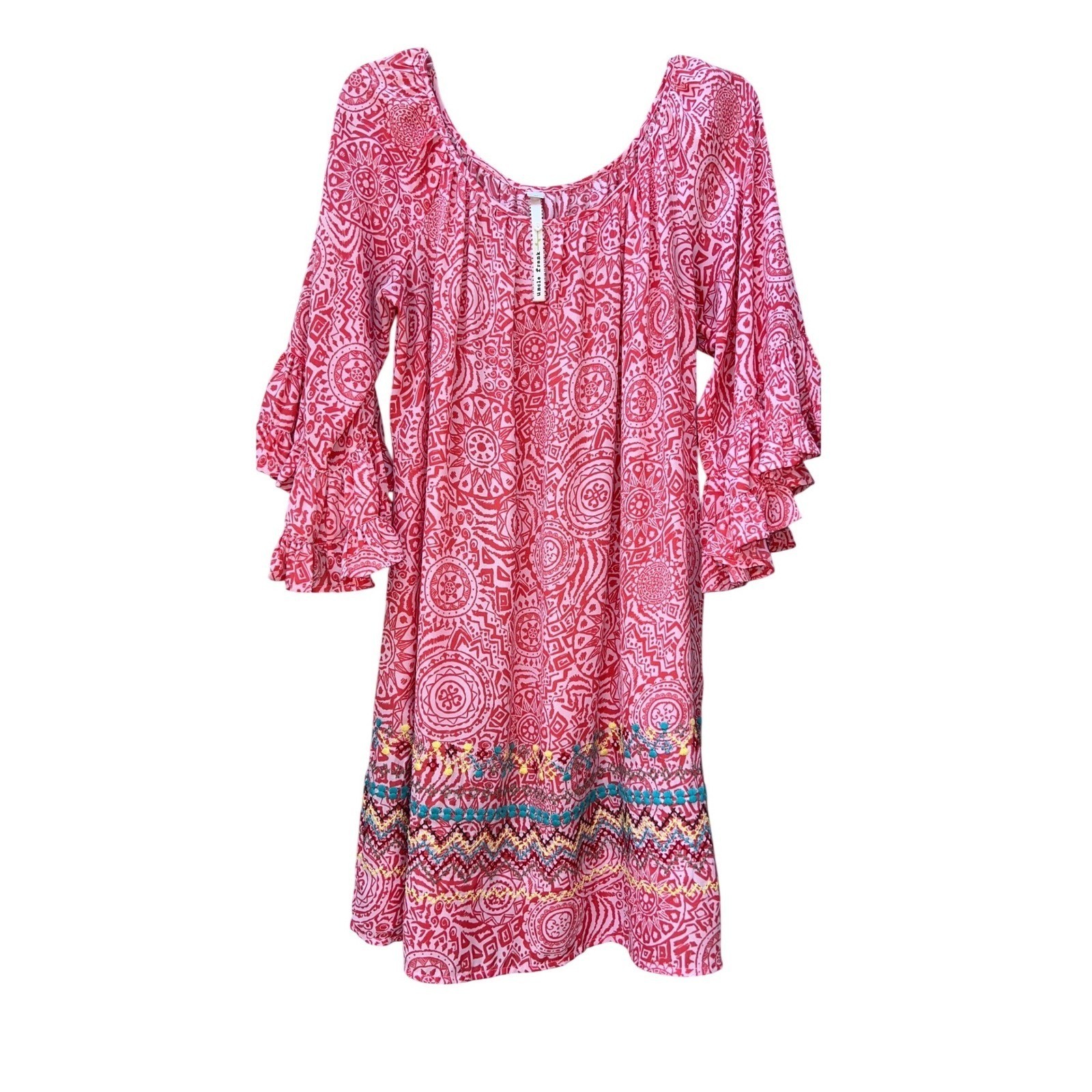 Uncle Frank /Ruffle Bell Sleeve/ Intricate Embroidery at hem Boho Shift Dress Lg