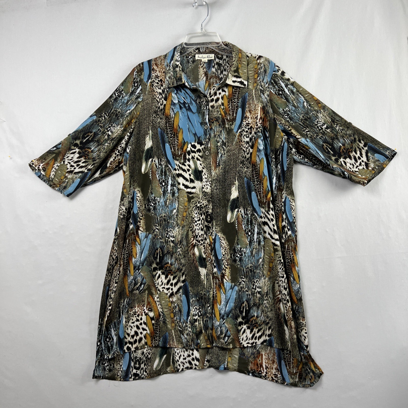 Indigo Rose Shirt Dress size 1X Button Up Animal Print Lightweight Blue Brown