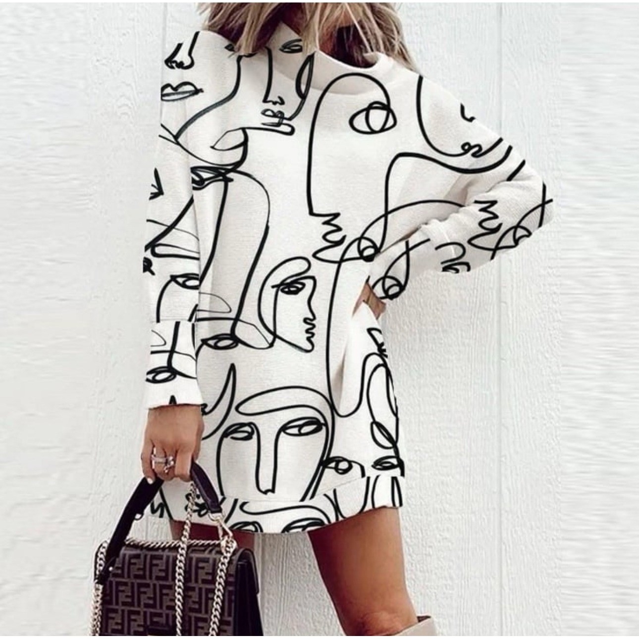 Abstract Faces A-Line Black/White Retro Dress Medium Tunic Art Line Graphic