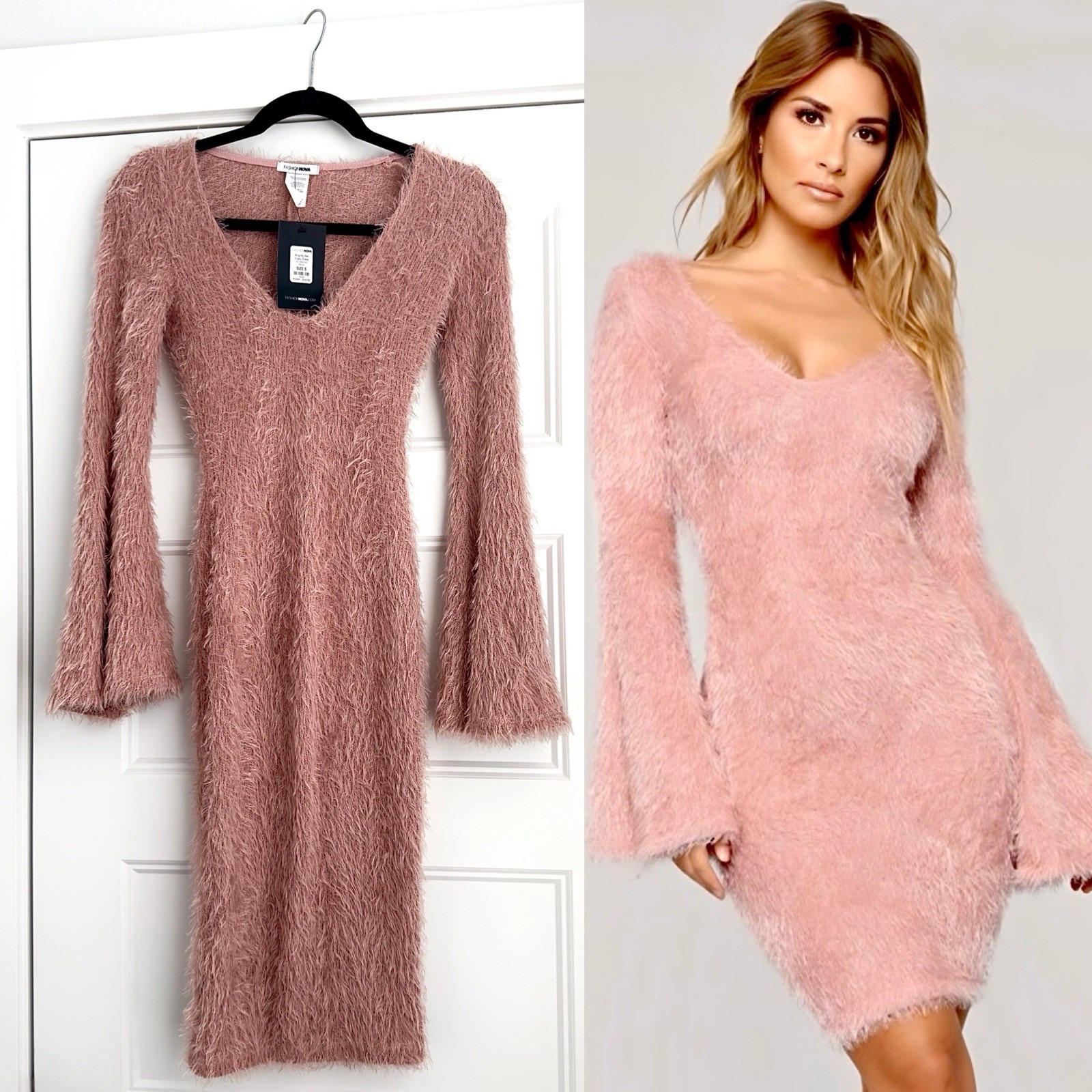 ✨New FASHION NOVA Ring My Bell Fuzzy Plush Long Bell Split Sleeve Dress Mauve S