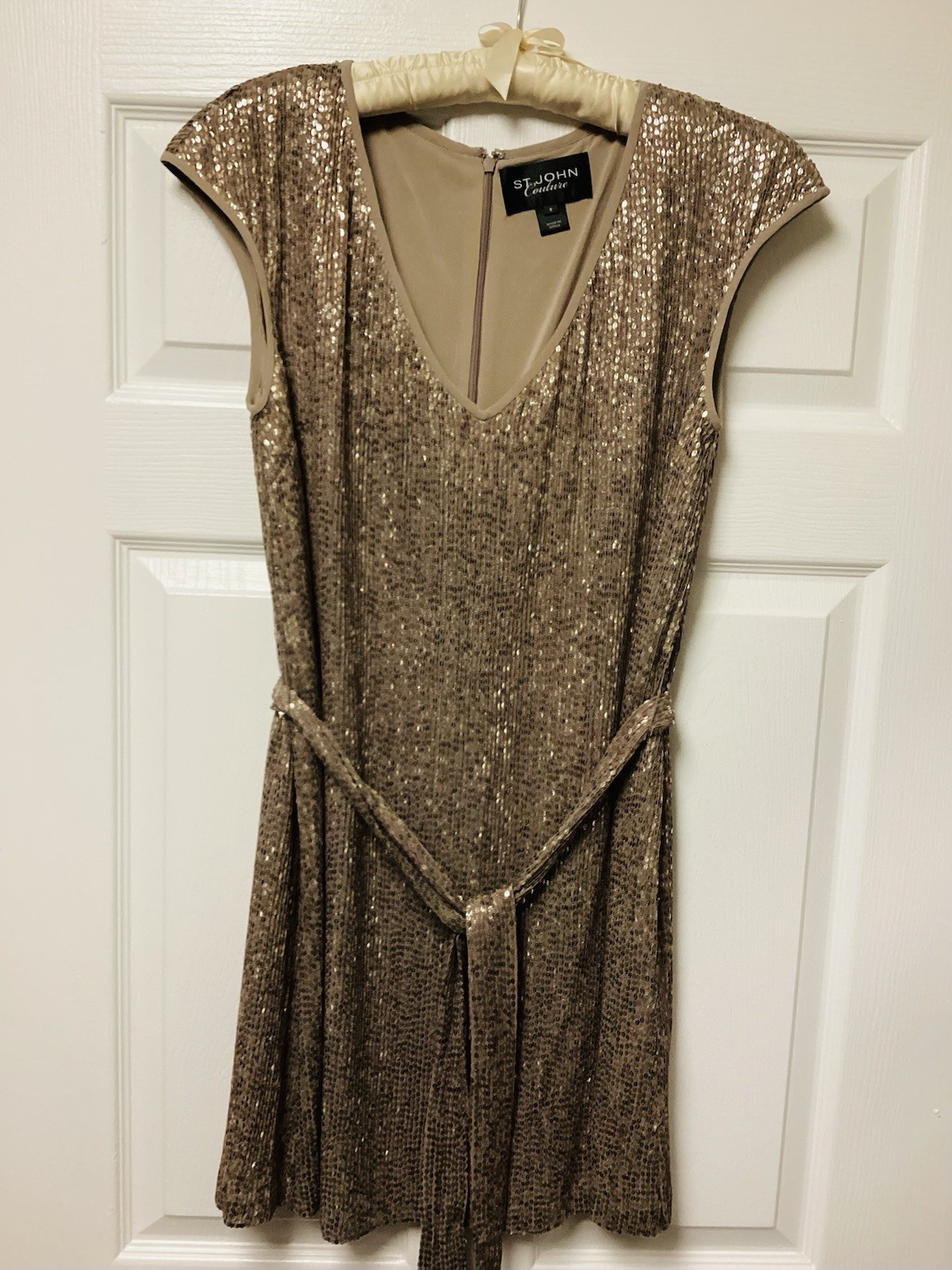 St John Couture Taupe Sequin Silk Belted Shift Dress Evening Sz 8 💛 LOW PRICE