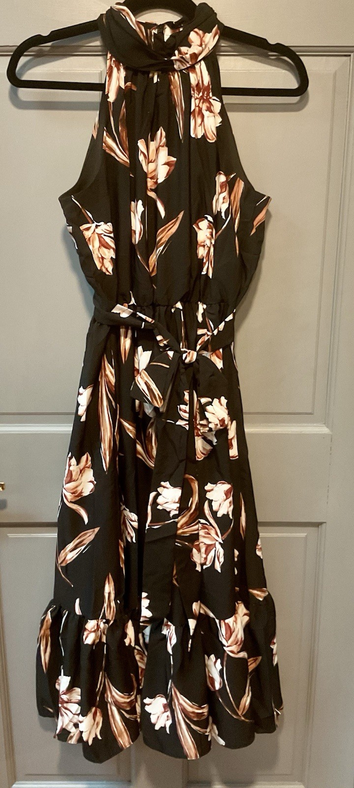 Black Brown White Floral Mock Neck Sleeveless Midi Dress Size S