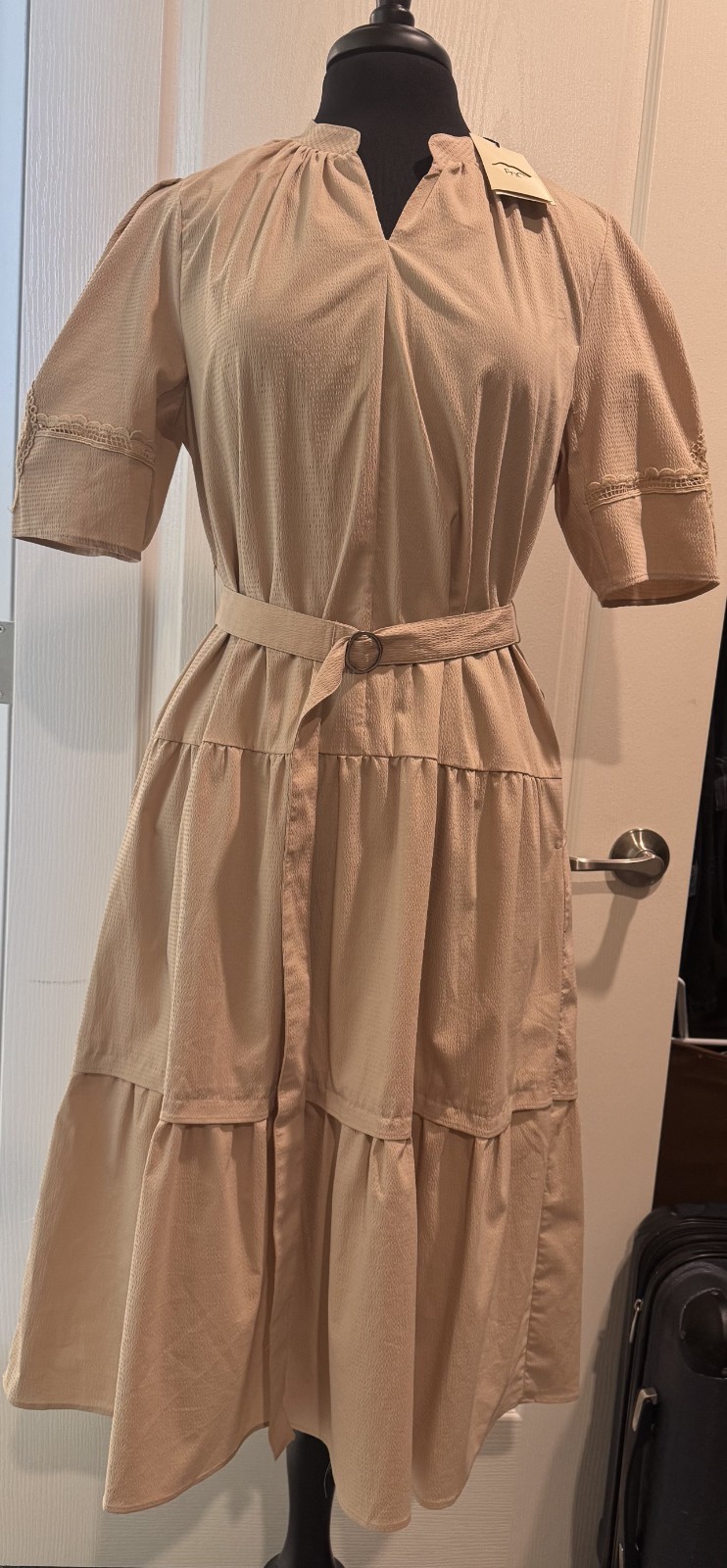 Tiered Short-Sleeve Belted Midi Dress in Beige with 2 side pockets