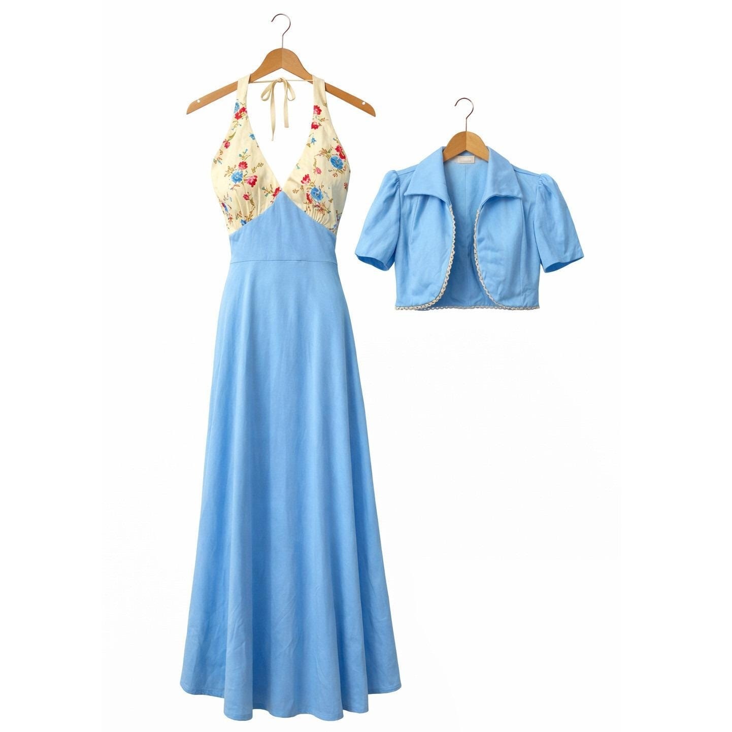Vintage Halter Maxi Dress Jacket Set Blue Floral Formal Size 13 MCM 70s