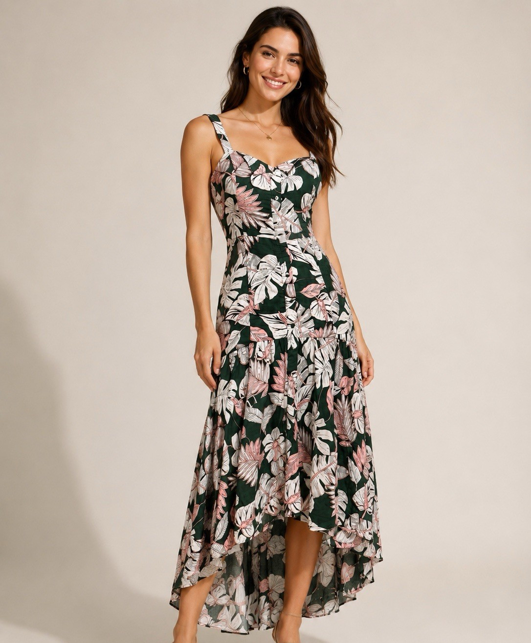 Gianni Bini Tropical Floral High Low Midi Dress XS Green Pink Cotton Ray