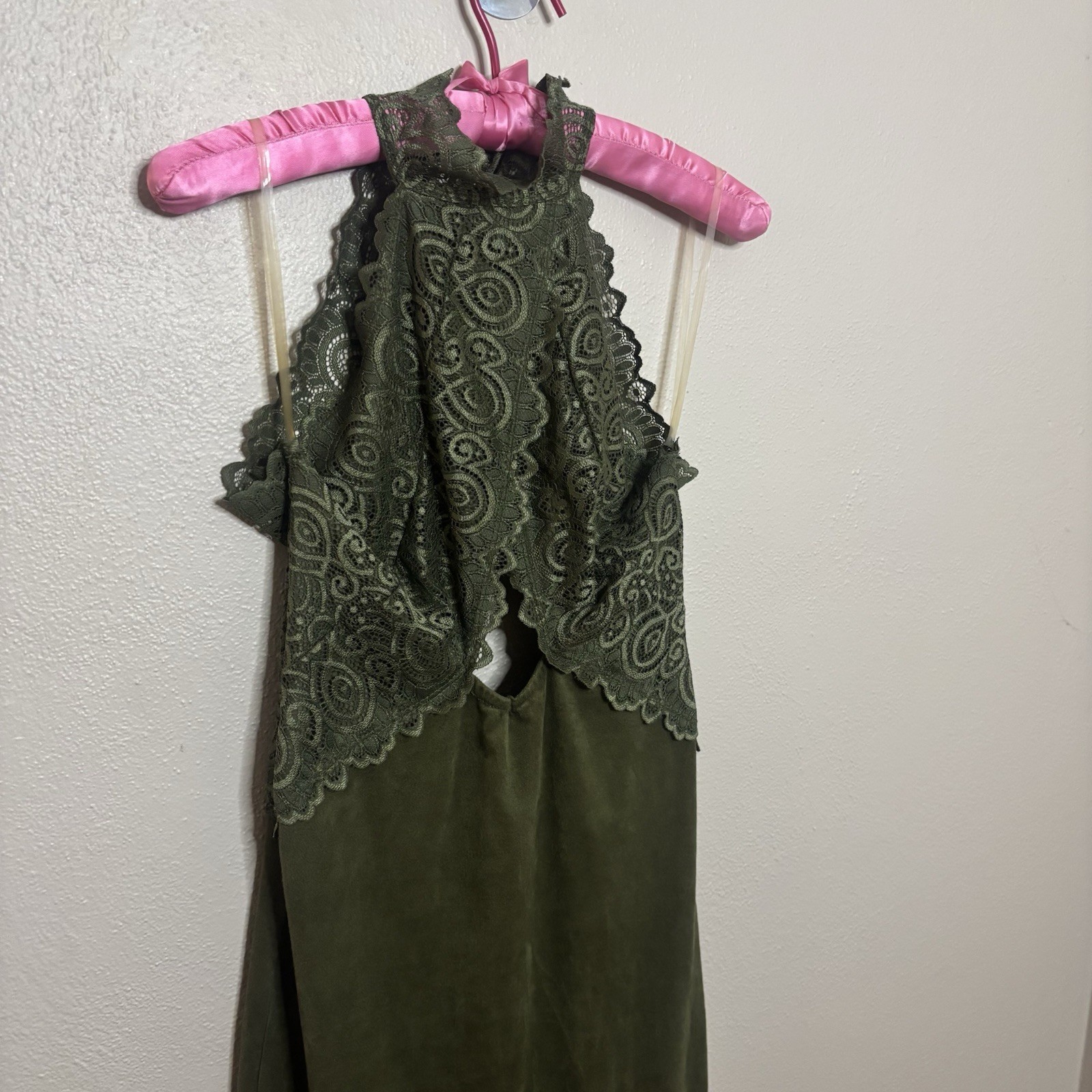 Cherry Mellow USA Olive Green Lace High Neck Bodycon Midi Dress Womens Large