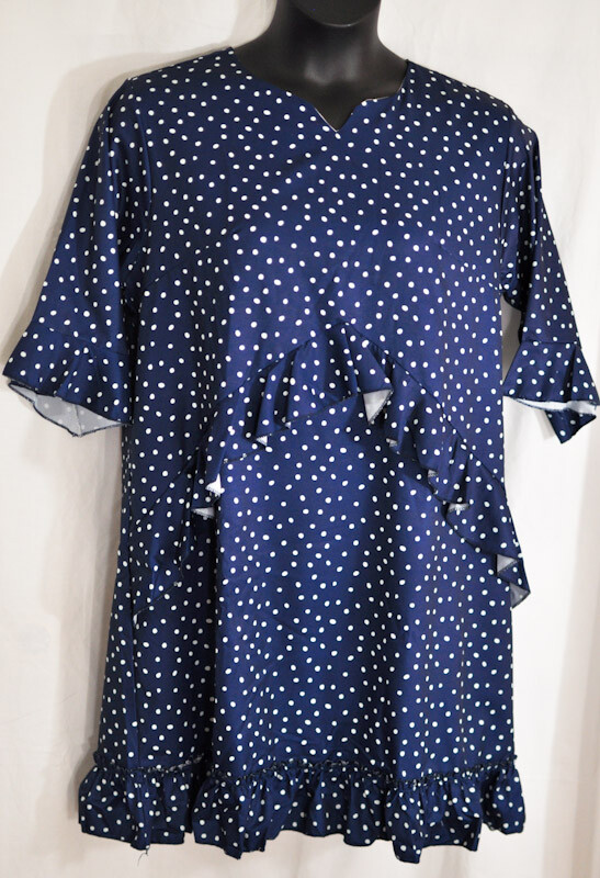 women’s Cherfly blue dotted swing dress ruffles sizes X large short slvs v neck