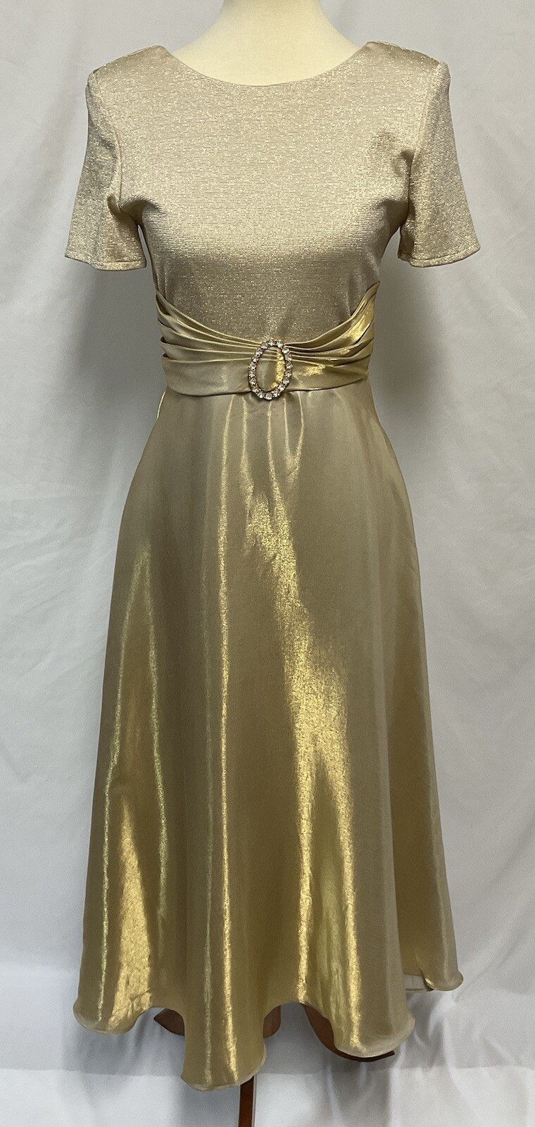 Vtg Late Edition Sz 6 Metallic Gold Party Dress Short Sleeve Rhinestone Buckle