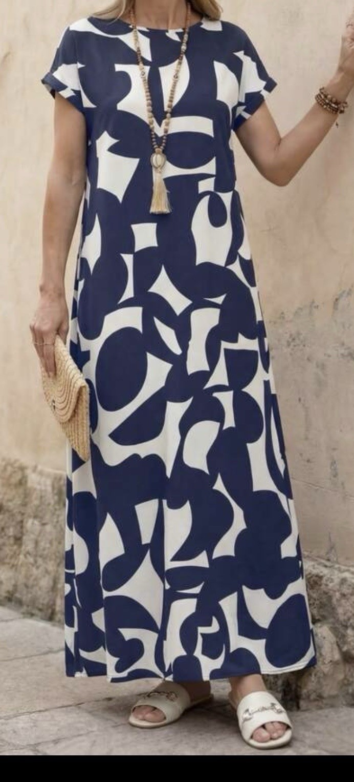 SheIn Women’s XL Blue/White Abstract Print Round Neck Short Sleeve Maxi Dress